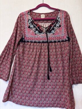 Lucky Brand Boho Floral Peasant Top Tassel Tie Red Blue Size Large